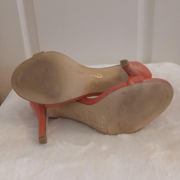 Coral patent leather Barbiecore ankle strap open toe stiletto high heel Sz 8 - Picture 7 of 8